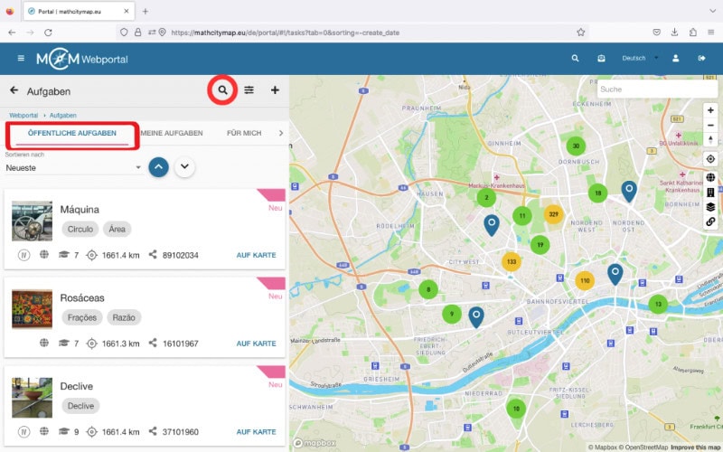 MathCityMap-Routen rund um den Goetheplatz und die Alte Oper in Frankfurt
